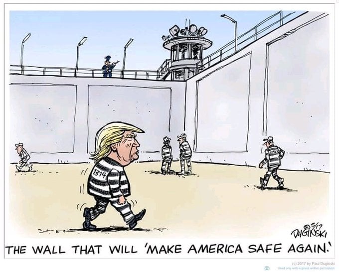 Karikatur : Trump in einem Gefängnis danke die Mauer die er selbst aufgebaut hat