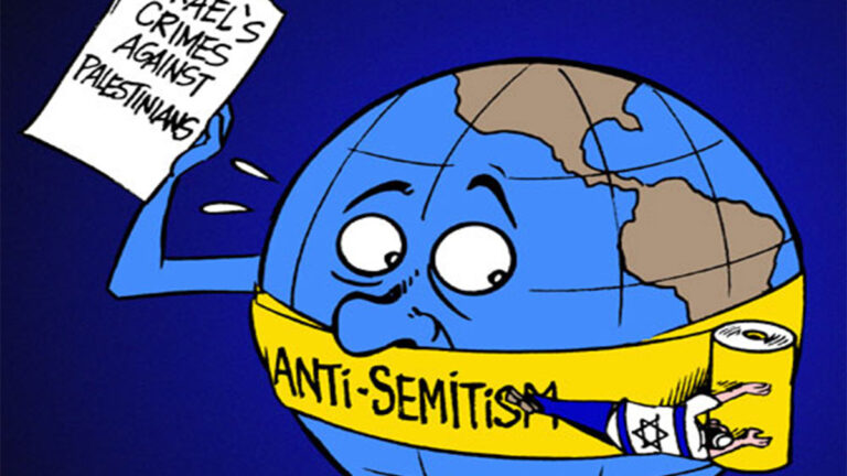 Der Weltplanet wird durch ein Israeli, der ein Klebeband mit dem Title Antisemitismus hat zum schweigen gebracht, während der Plant versucht die Kriminalität Israels zu erwähnen